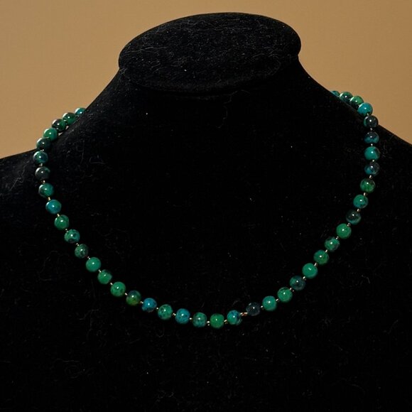 Teal Chrysocolla Short Necklace, Beaded Genuine Gemstone Adjustable Necklace - Picture 2 of 10